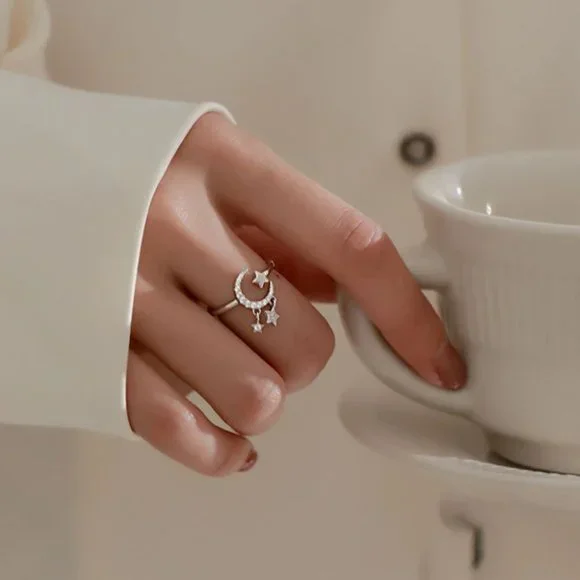 925 Sterling Silver Dangle Moon & Star Ring Minimalist Dainty Celestial … - Picture 7 of 7